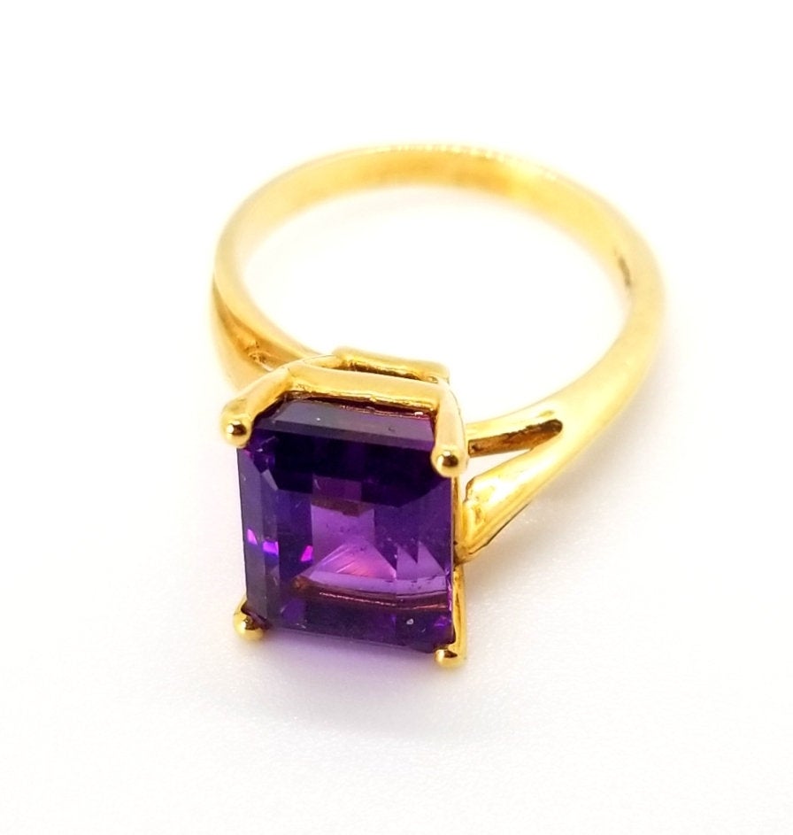 Stunning Amethyst Ring, Amethyst Engagement Ring, Yellow Gold Ring, 14k Emerald Cut Amethyst Ring, Purple Vintage Ring, Rectangle Ring